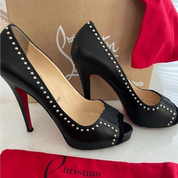 Christian Louboutin- Black Leather Peep Toe Studded Heels - Picture 2 of 11